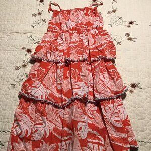 Mini Boden Tiered Ruffle Tropical Print Pom Pom sun dress--Size 9/10, nice shape